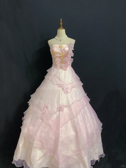 Blush Pink Strapless Long Romantic Gown with Embroidery, Fitted Waist and Fluffy Princess Skirt, Wedding Dress & Bridal Gown gh8321