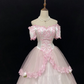 Off-the-Shoulder Blush Pink Romantic Classical Gown with Embroidery, Cinched Waist & Elegant Voluminous Skirt, Wedding Dress & Bridal Gown gh8140