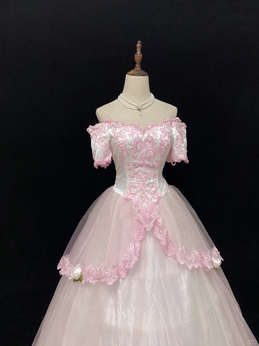 Off-the-Shoulder Blush Pink Romantic Classical Gown with Embroidery, Cinched Waist & Elegant Voluminous Skirt, Wedding Dress & Bridal Gown gh8140