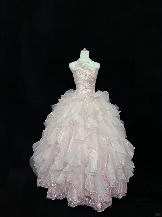 Blush Pink Unique Neckline Cinched Waist Voluminous Tiered Skirt Romantic Dress, Wedding Gown gh8056