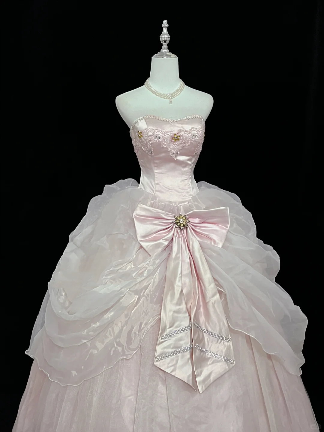 Blush Pink Strapless Cinched Waist Bow Voluminous Princess Skirt Long Romantic Dress, Wedding Gown gh7960