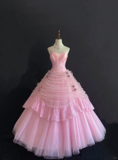 Pink Strapless Wedding Dress, Cinched Waist, Long Fluffy Princess Skirt gh8271