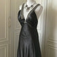 ✨🖤Robe de soirée longue en satin à col en V profond et perles noires, style cygne noir vintage Downton Abbey gh4390