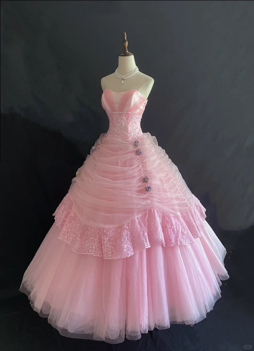 Pink Strapless Wedding Dress, Cinched Waist, Long Fluffy Princess Skirt gh8271