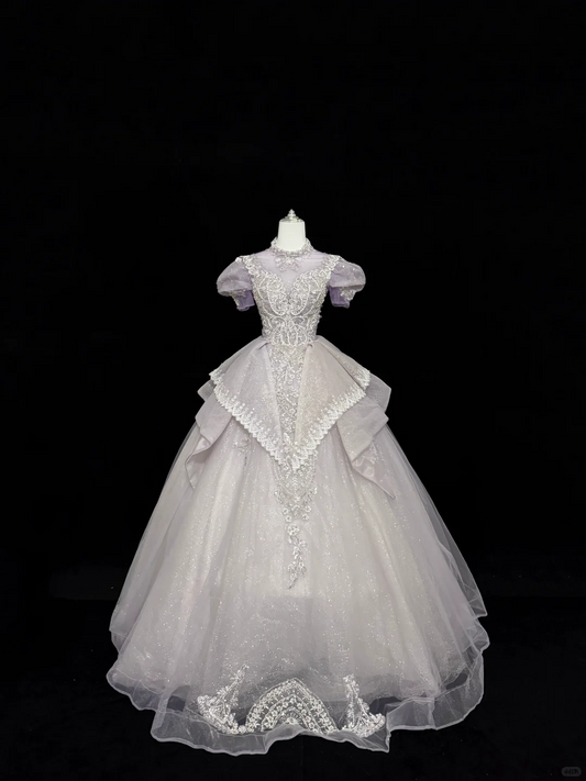 Puff Sleeves Round Neck Embroidery High-End Cinched Waist Voluminous Princess Skirt Long Romantic Dress, Wedding Gown gh7837