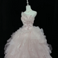 Blush Pink Unique Neckline Cinched Waist Voluminous Tiered Skirt Romantic Dress, Wedding Gown gh8056