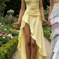 Light Yellow Satin Spaghetti Strap Maxi Dress - V-Neck Ruffle High-Slit Garden Party/Beach Vacation/Light Evening Dress gh6996
