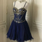 💙Dark blue shiny retro princess short homecoming dress beaded tulle ball gown evening dress gh4393