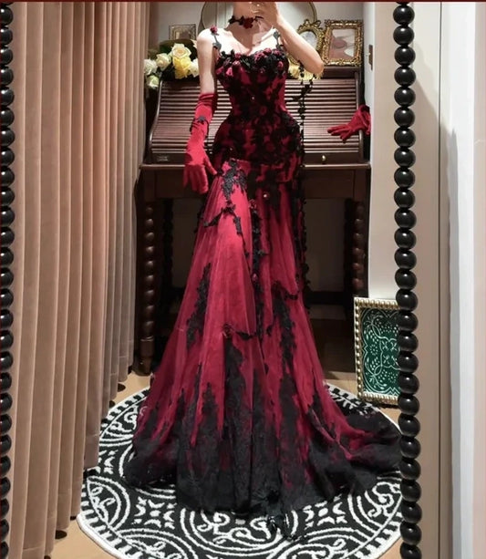 Burgundy Mysterious Red Rose Gorgeous Exquisite Lace Tulle Long Floor-Length Trailing Ball Gown Evening Gown gh4253