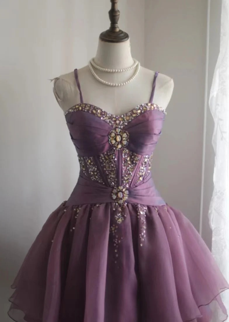 Lila Retro Palast Puffy Short Homecoming Kleid Prinzessin Kleid Taft Satin Organza handgefertigte Perlen Erwachsene Zeremonie Geburtstagsparty gh4373