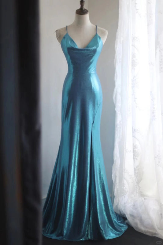 Robe de soirée sirène longue en satin bleu élégant, coupe ajustée, longueur au sol, gh4201