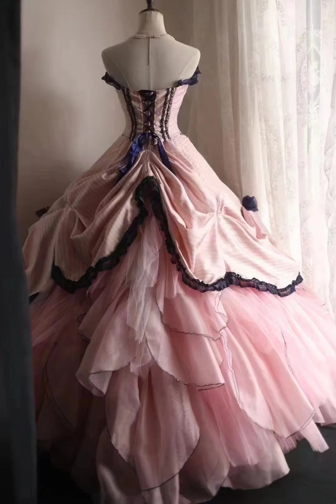 girlhomeshops-Sleeveless Pink - Blue Contrast Lace - decorated Puff dress, Retro Court - style Satin Floor - length Evening Dress gh5830