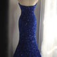Königsblaues Fischschwanz-Abendkleid aus Samt mit Pailletten und Perlen, seitlicher Schlitz, plissiert, für Hochzeiten, Zeremonien, Geburtstagsfeiern, gh4326