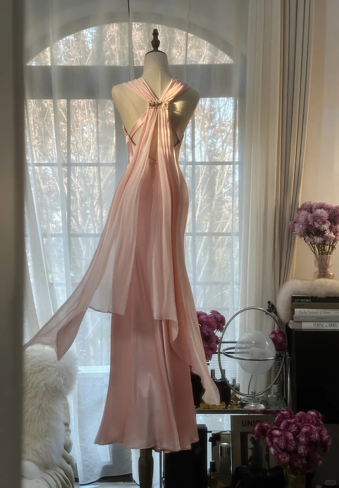 Rosa Elegante Exquisite Strass Lange Satin Chiffon Ballkleid Abendkleid Partykleid Geburtstagskleid Date Kleid gh4163