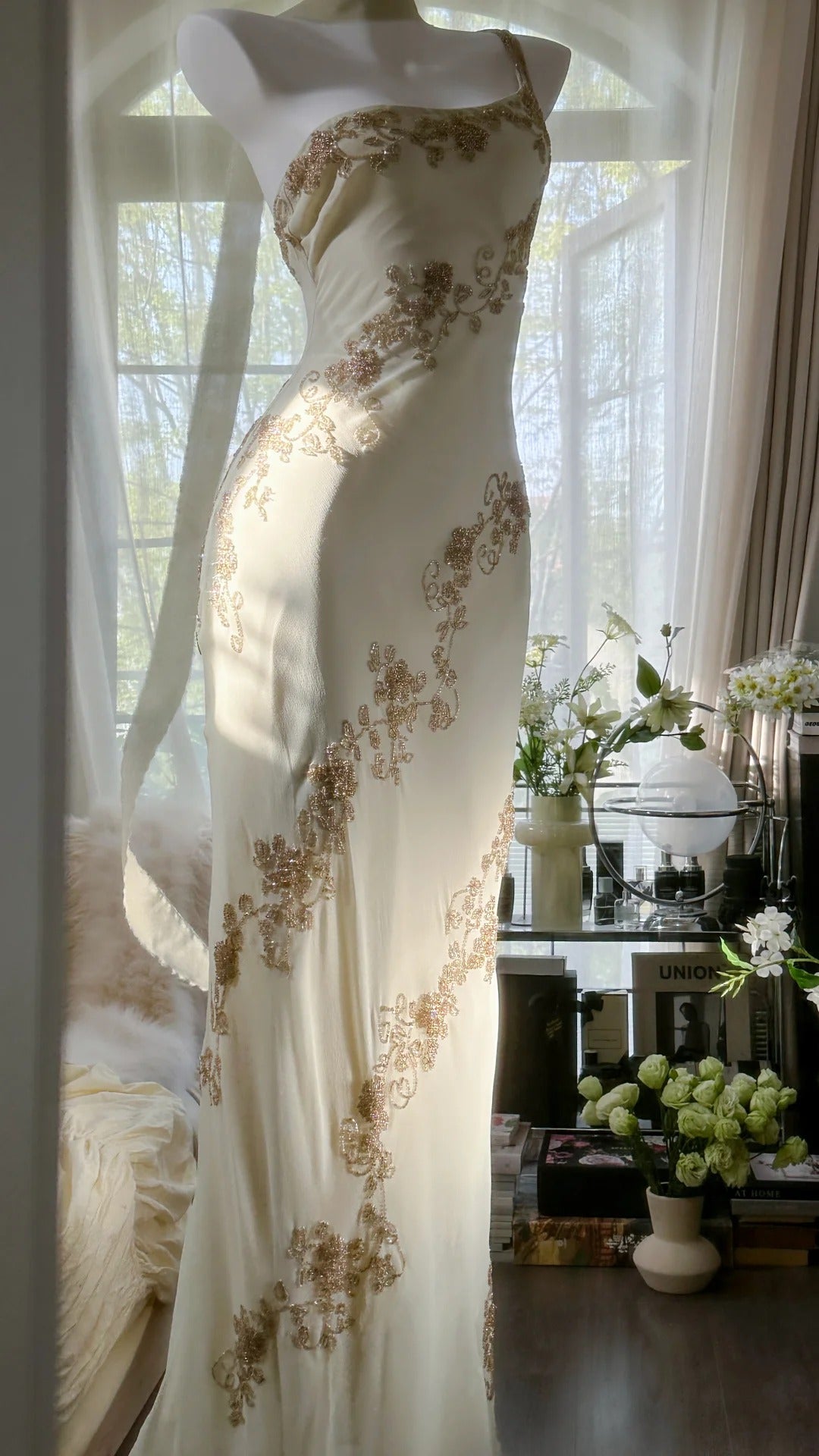 Elfenbein/Grün Vintage Fashion One Shoulder Exquisite Perlen Langes Chiffon Ballkleid Geburtstagspartykleid Cocktailpartykleid Abendkleid Ballkleid gh3971