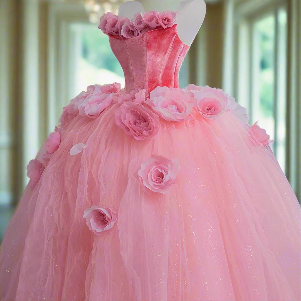 Rosa Blumen Langes Samt Tüll Quinceanera Kleid Ballkleid Abendkleid gh4885
