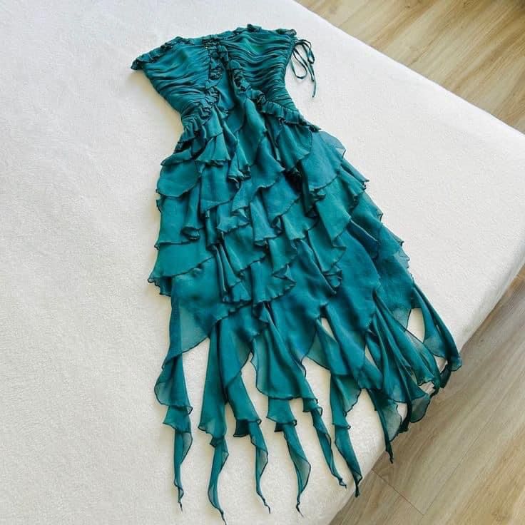 Robe de soirée courte élégante en mousseline de soie à volants verts, robe de fête d'anniversaire gh4774