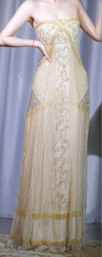 ✨Girlhomeshops-Champagne Gatsby Prom Dress Strapless Gold Beaded Floor Length Evening Gown gh9973