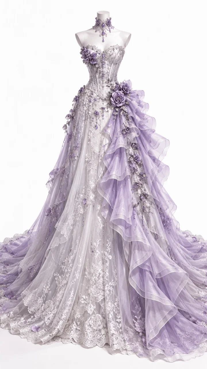 ✨Girlhomeshops-Strapless Lavender Floral Lace Ball Gown with 3D Flowers & Beading gh10306
