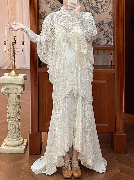 Ivory Vintage Two‑Piece Lace Wedding Gown, High Neck Batwing Sleeve Lace Overlay, Tassel Lace Trim, V‑Neck Lace Slip Mermaid Long Train, Prom Dress gh8645