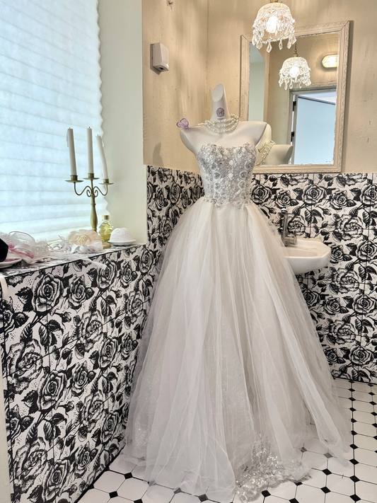 Ivory Gown with Rhinestones, Waist-Cinched Full Flared Long Romantic Dress, Wedding Gown gh7711