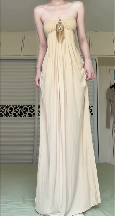 Light Apricot Strapless Tube Top Long Evening Gown, Gold Rhinestone Tassel Pendant, High Waist Flowy Maxi Dress With Side Pockets gh8936