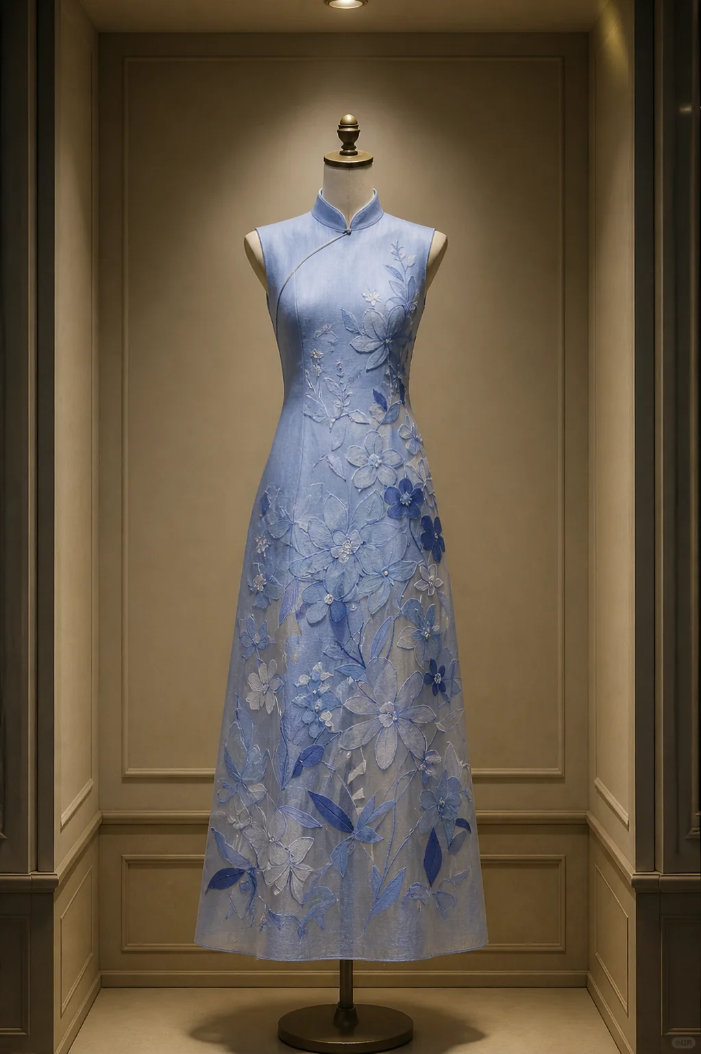 ✨Girlhomeshops-Light Blue 3D Floral Applique Midi Cheongsam Qipao gh10430