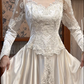 Ivory Vintage Satin Wedding Prom Dress, V‑Neck Lace Trim, Sheer Lace Long Sleeves, Floral Lace Appliqués, A‑Line Scalloped Lace Hem gh8676
