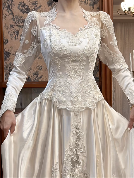 Ivory Vintage Satin Wedding Prom Dress, V‑Neck Lace Trim, Sheer Lace Long Sleeves, Floral Lace Appliqués, A‑Line Scalloped Lace Hem gh8676