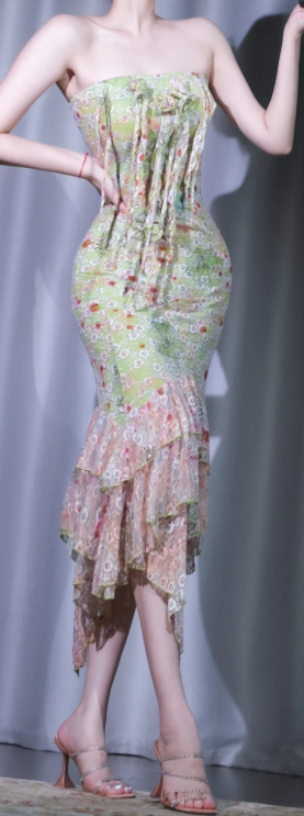 ✨Girlhomeshops-Green Floral Print Party Dress Strapless Ruched Mermaid Tiered Irregular Ruffle Hem Evening Gown gh10063