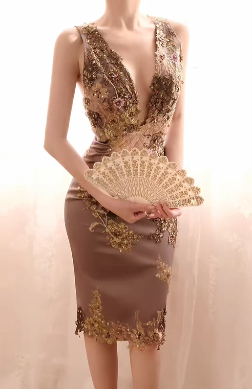 Taupe Vintage Midi Prom Dress Sleeveless V Neck Gold Floral Lace Beaded Slit Cocktail Gown gh9599