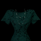 Dark Green Vintage Jacquard Maxi Gown, Square Neck, Cap Short Sleeves, All‑Over Floral Scroll Jacquard Fabric, Fitted Waist Sheath Maxi Silhouette, Retro Noble Evening Prom Photoshoot Dress gh8865