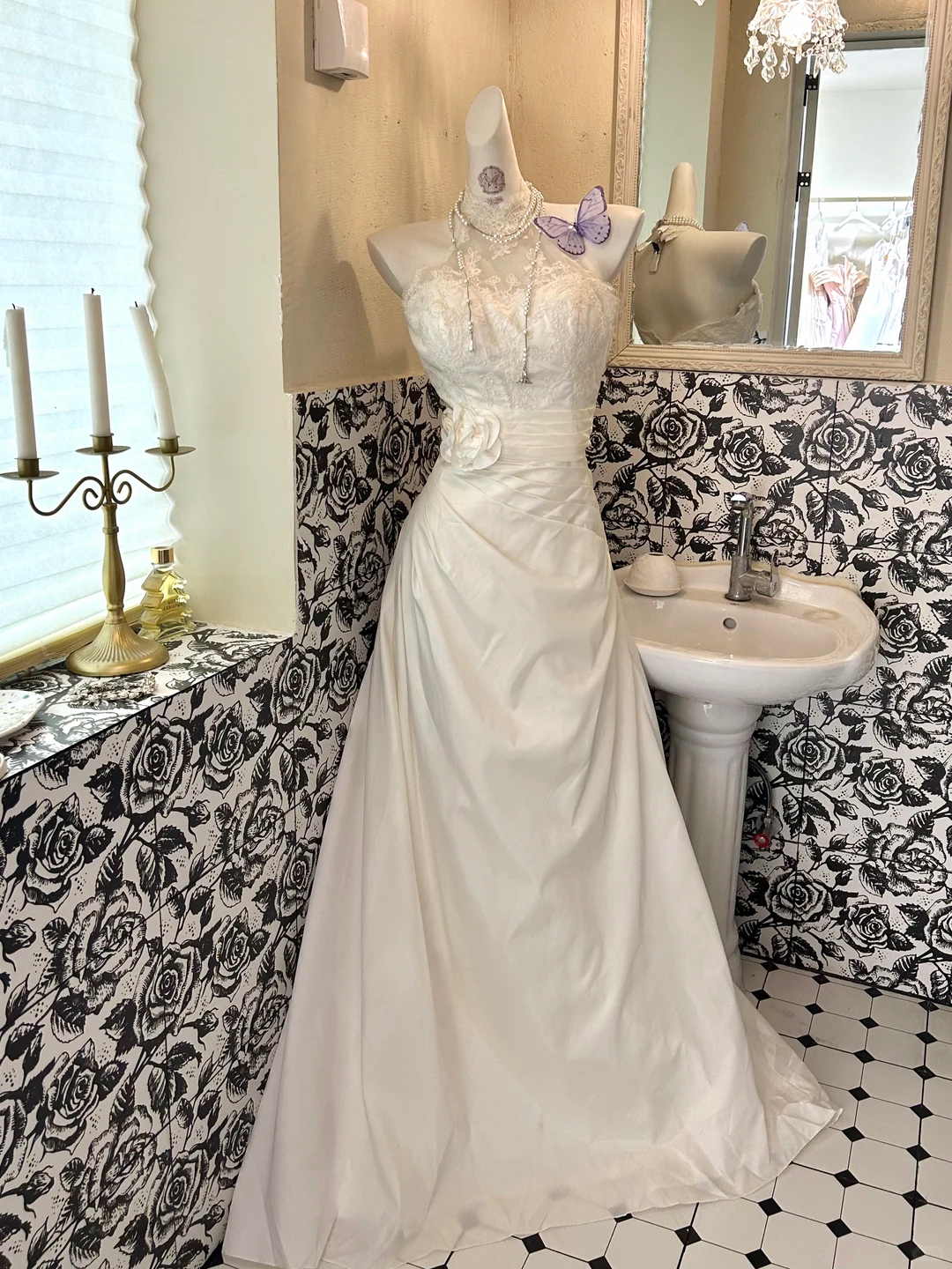 White Halter Lace Waist-Cinched Pleated Figure-Flattering A-Line Skirt Long Romantic Dress, Wedding Gown gh7769