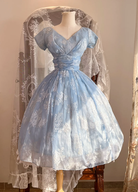 Light Blue Vintage Midi Gown, V Neck Short Sleeve Floral Organza Party Dress gh9332