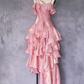 ✨Girlhomeshops-Spaghetti Strap Pink 3D Rose Asymmetric Ruffle Prom Gown gh10207