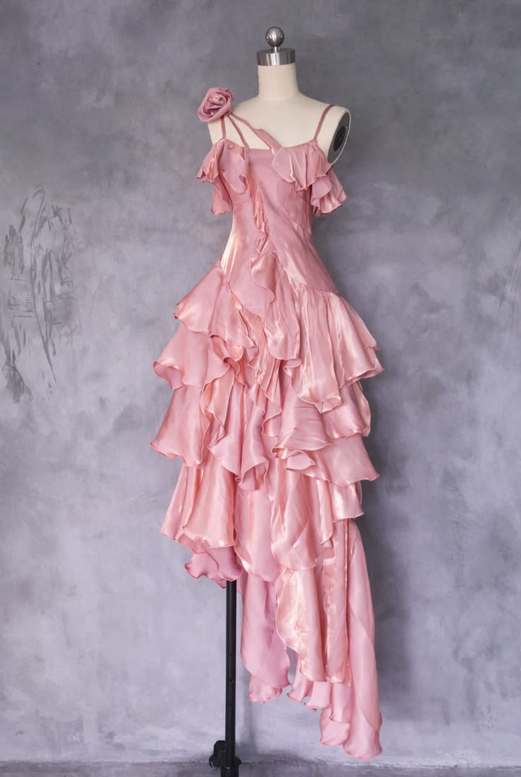 ✨Girlhomeshops-Spaghetti Strap Pink 3D Rose Asymmetric Ruffle Prom Gown gh10207