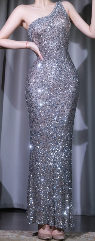 ✨Girlhomeshops-Silver Sequin One Shoulder Mermaid Prom Dress Fitted Sheer Evening Gown gh9954