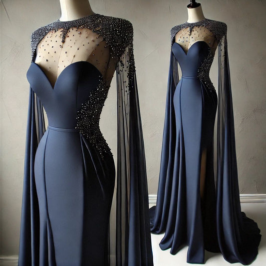 Girlhomeshops-Navy blue exquisite beaded sweetheart neckline long satin prom dress evening dress party dress gh5385