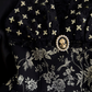 Black Vintage Halter Long Evening Gown, Lace V‑Neck, Gold Floral Jacquard Bodice, Retro Gem Brooch Detail, Mixed Chiffon Maxi Skirt, Party Prom Dress gh8918