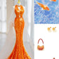 Orange Gorgeous Shiny Elegant Long Sleeve Tulle Long Sequin Mermaid Slim Ball Gown Evening Dress Party Dress gh3386