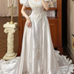 White Vintage Satin Wedding Ball Gown, Sweetheart V‑Neck, Short Puff Sleeves, Gold‑Thread Lace Appliqué Pointed Waist, Voluminous A‑Line Skirt With Satin Ruffle Lace Hem, Prom Dress gh8654
