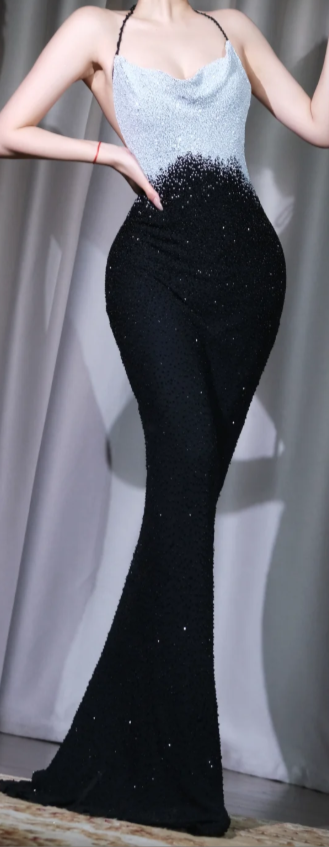 ✨Girlhomeshops-Halter Ombre Sequin Mermaid Prom Dress Cowl Neck Backless Sparkly Evening Gown gh9956