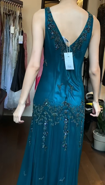 Teal V Neck Beaded Prom Dress Sleeveless Pleated Chiffon Long Formal Evening Gown gh9843