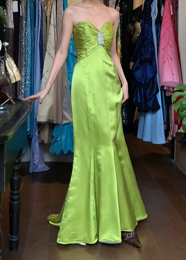 Lime Green Vintage Prom Dress Strapless Sweetheart Twist Bodice Rhinestone Brooch Satin Mermaid Long Evening Gown gh9626