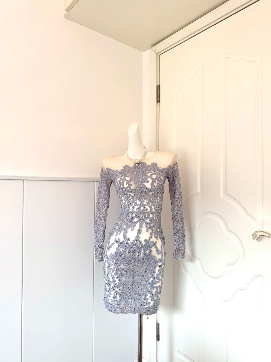 Women Dusty Blue Homecoming Dress, Off‑Shoulder Illusion Neck Long Sleeve Sequin Embroidered Lace Fitted Bodycon Mini Party Dress gh9209