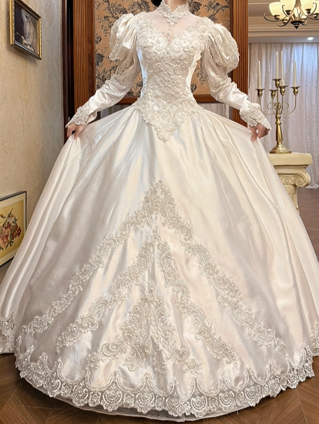 Ivory Vintage Satin Wedding Gown, Sheer Lace High Neck Over Sweetheart Neck, Puff Long Sleeves, Heavy Lace Appliqué Pointed Waist, A‑Line Long Train With Scalloped Lace Hem, Prom Dress gh8643