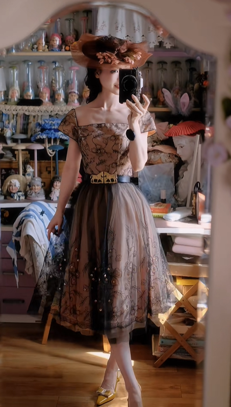 Elegant Nude Base Black Lace Square Neck Fitted Waist Flared Skirt Prom & Evening Party Dress gh8502