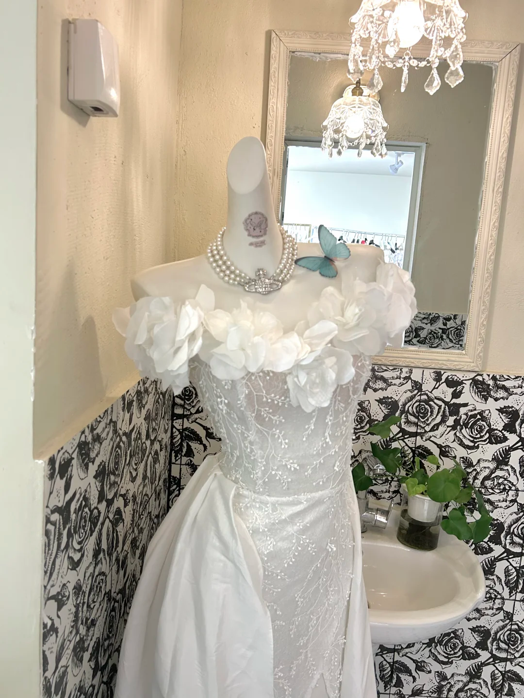 White Off Shoulder Lace Trim Neck Waist-Cinched Slit Sexy Romantic Dress, Wedding Gown gh7675
