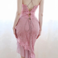Women Pink Lace Mermaid Evening Gown Spaghetti Straps Sweetheart Neck 3D Flower Appliques Asymmetrical Chiffon Ruffle Formal Dress gh9571