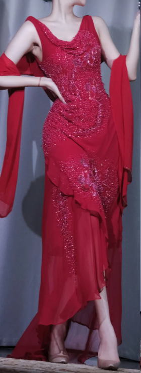 Red V Neck Beaded Evening Dress, 3D Floral Chiffon Gown with Shawl & High Slit gh9910